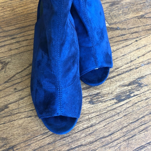 Peep Toe Block Heel Boots Navy Open Back Backless - Picture 5 of 5